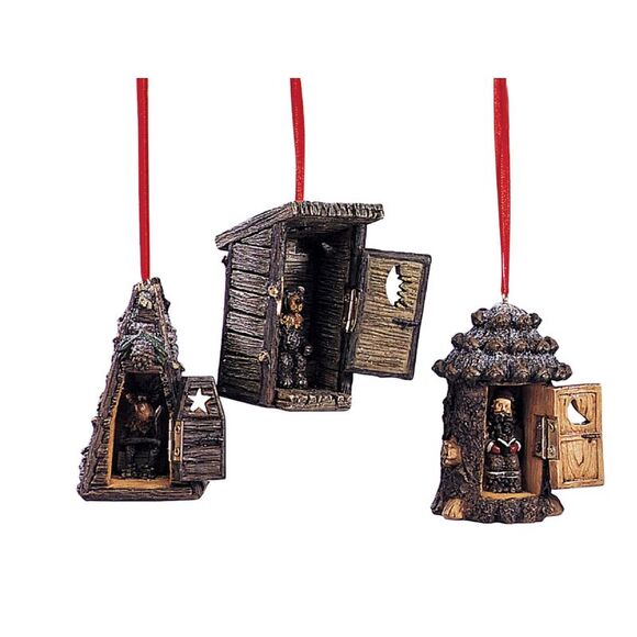 Occupied Outhouses Christmas Holiday Ornaments Set of 3 Resin - Picture 1 of 5